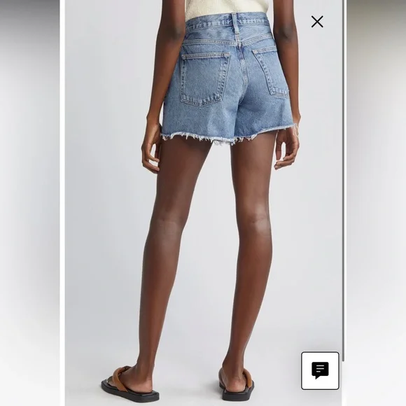 new Agolde Parker long denim shorts in Skywave medium light wash